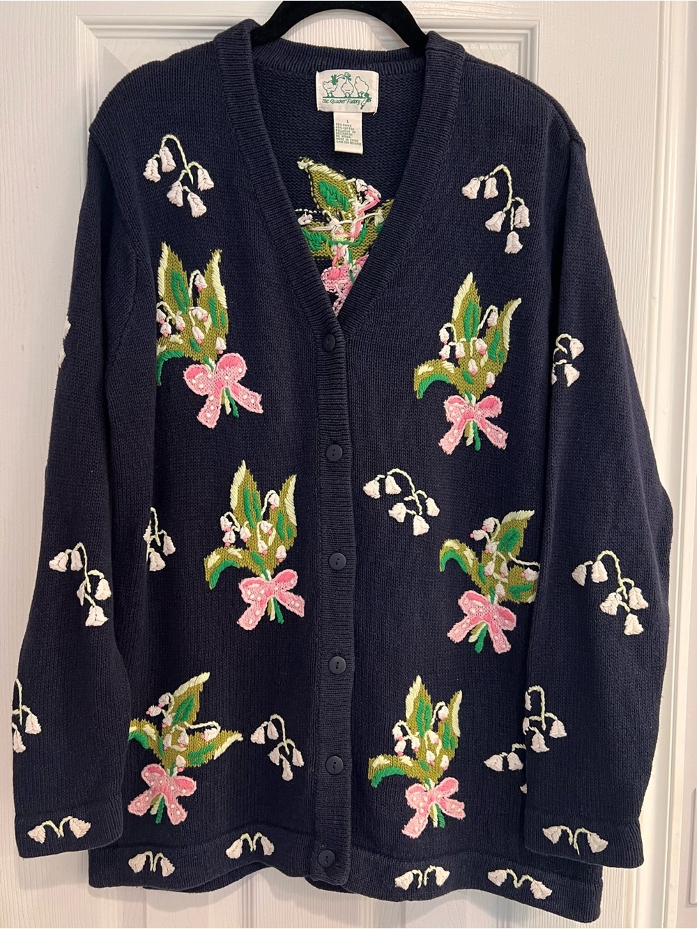 Quacker Factory Navy Cardigan Pink Ribbon Lily Of Valley Floral Embroidery L